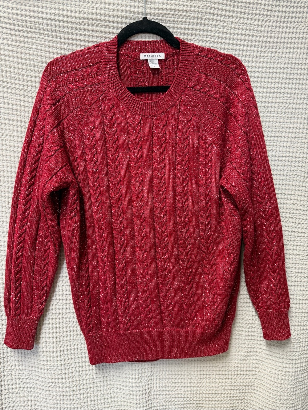 Athleta Maroon Wool Blend Cable Knit Crewneck Sweater with Metallic Thread